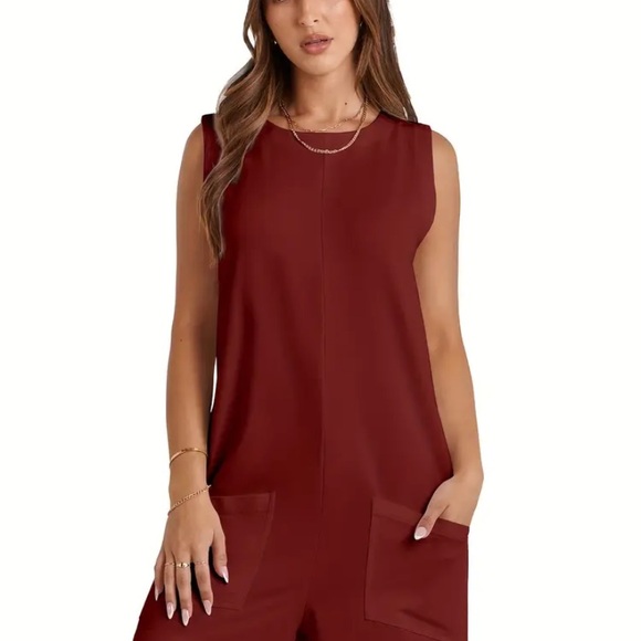 Pants - Sleeveless Burgundy Jumpsuit